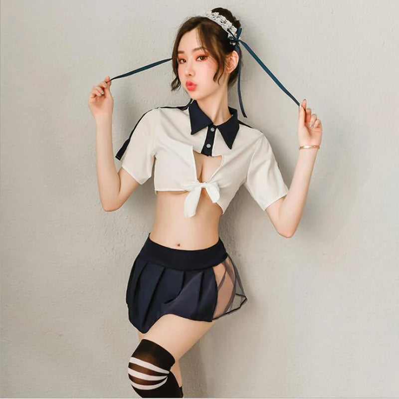 Sexy Women Sailor Suit Miniskirt Transparent Pleated Skirt Role Play School Girls Students Uniform Lingerie Costumes