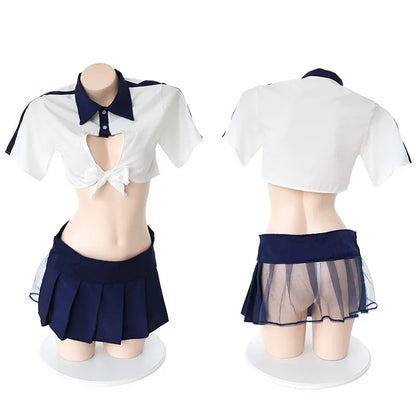 Sexy Women Sailor Suit Miniskirt Transparent Pleated Skirt Role Play School Girls Students Uniform Lingerie Costumes