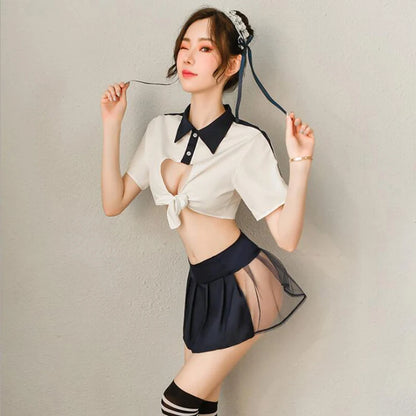 Sexy Women Sailor Suit Miniskirt Transparent Pleated Skirt Role Play School Girls Students Uniform Lingerie Costumes