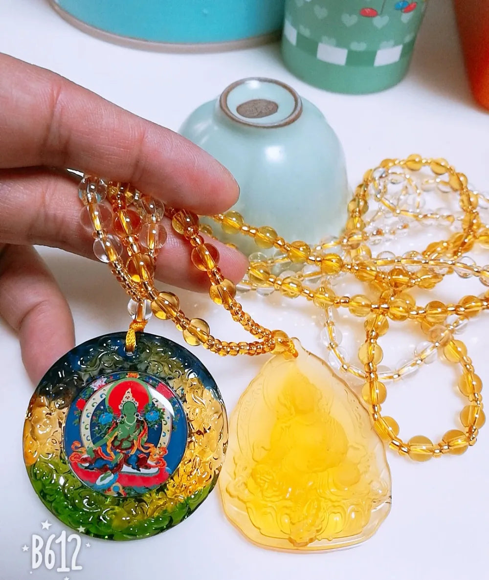 2PCS TOP Buddhist ornaments pocket travel efficacious talisman Green Tara Yellow Jambhala Buddha Crystal Mantra Pendant Amulet