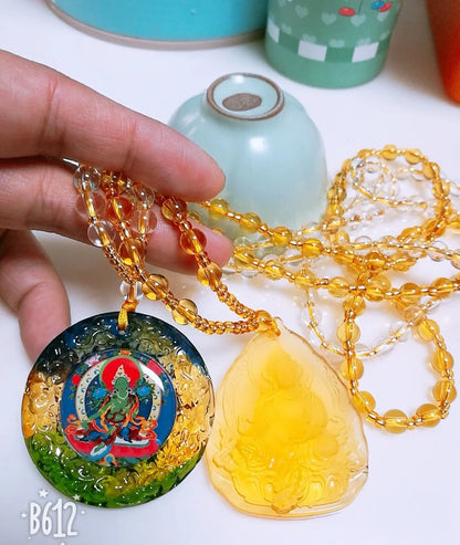 2PCS TOP Buddhist ornaments pocket travel efficacious talisman Green Tara Yellow Jambhala Buddha Crystal Mantra Pendant Amulet