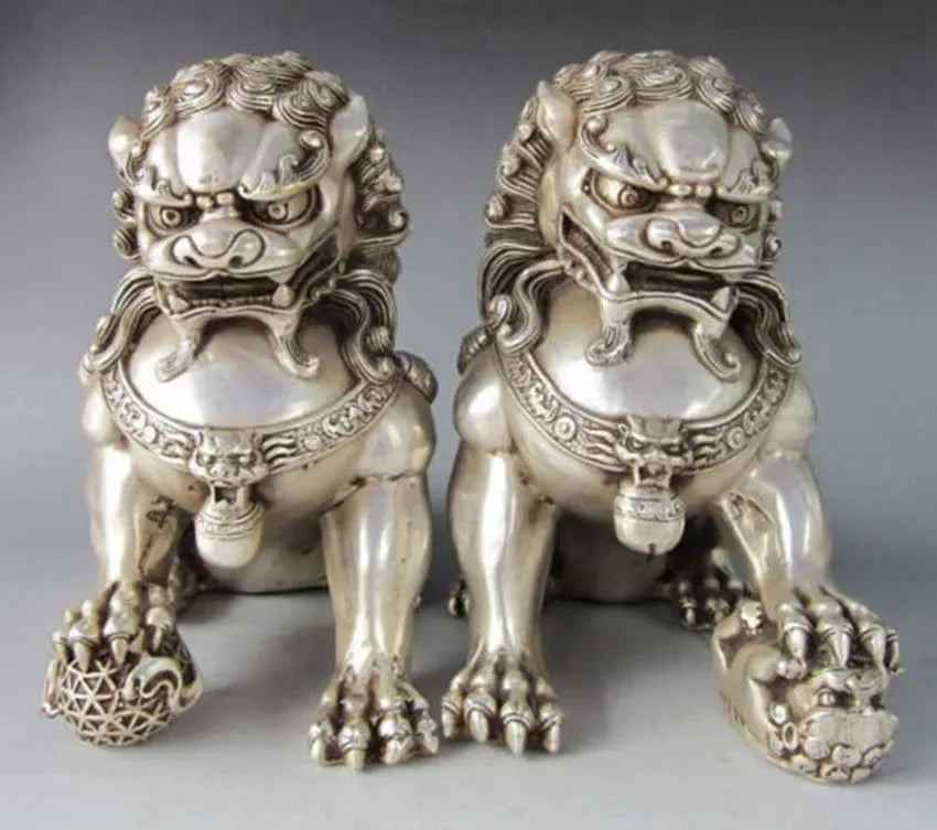Copper Brass CHINESE crafts Asian A Pair of Elaborate Chinese Tibetan Silver Guardian Lion Foo Fu Dog Statues