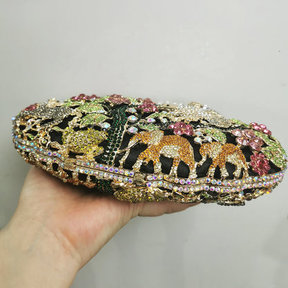 Woman Forest Bird Colorful Diamond Handbag Crystal Stone Hollow Out Wedding Bridal Evening Bag Party Dinner Prom Cocktail Purse