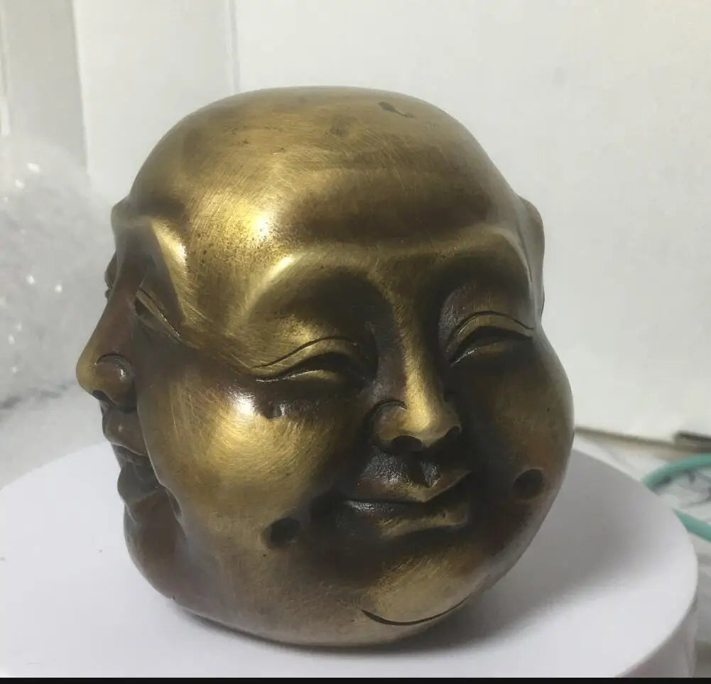 free shipping Folk China Chinese Brass Buddhism 4 Face Xi Nu Ai Le Maitreya Buddha Head Statue 8.4 cm