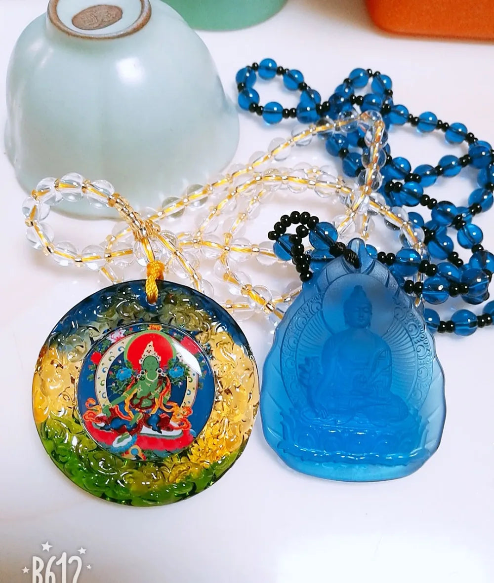 2PCS TOP Buddhist ornaments pocket travel efficacious talisman Green Tara the Medicine Buddha Crystal Mantra Safety luck Amulet