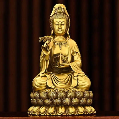 Pure Copper chinese Guanyin Sculptures for Worship Home Living Room Ornaments South Sea Sitting Lotus Bodhisattva Decor