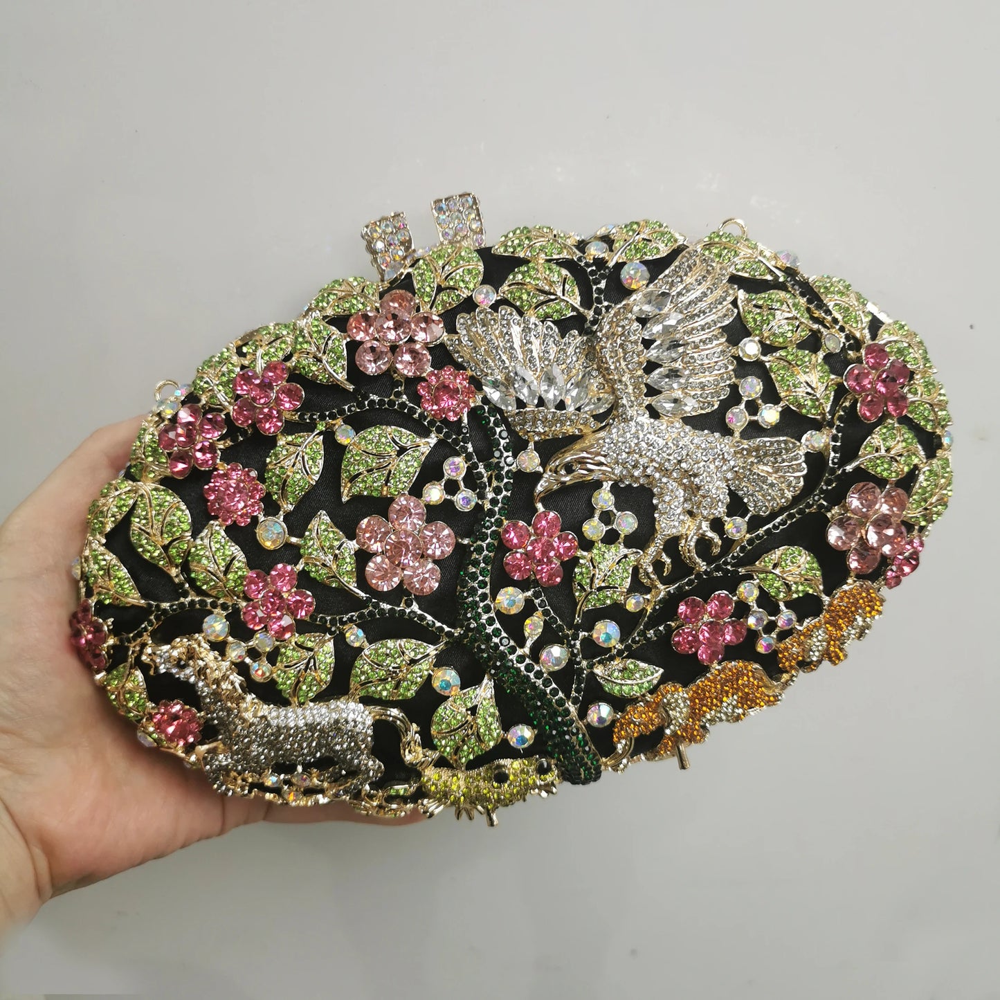 Woman Forest Bird Colorful Diamond Handbag Crystal Stone Hollow Out Wedding Bridal Evening Bag Party Dinner Prom Cocktail Purse