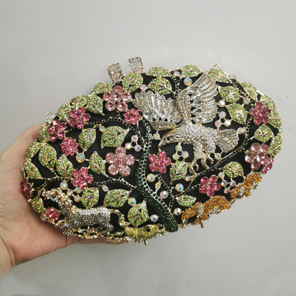 Woman Forest Bird Colorful Diamond Handbag Crystal Stone Hollow Out Wedding Bridal Evening Bag Party Dinner Prom Cocktail Purse