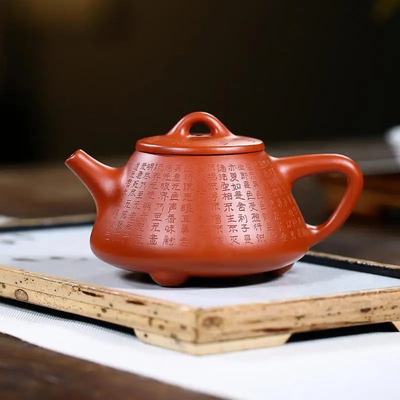 Mud Carved and Painted Heart Scripture Stone Ladle Teapot, Zisha Teapot, Handmade Pot, Kung-fu, Original Ore Vermilion Mud