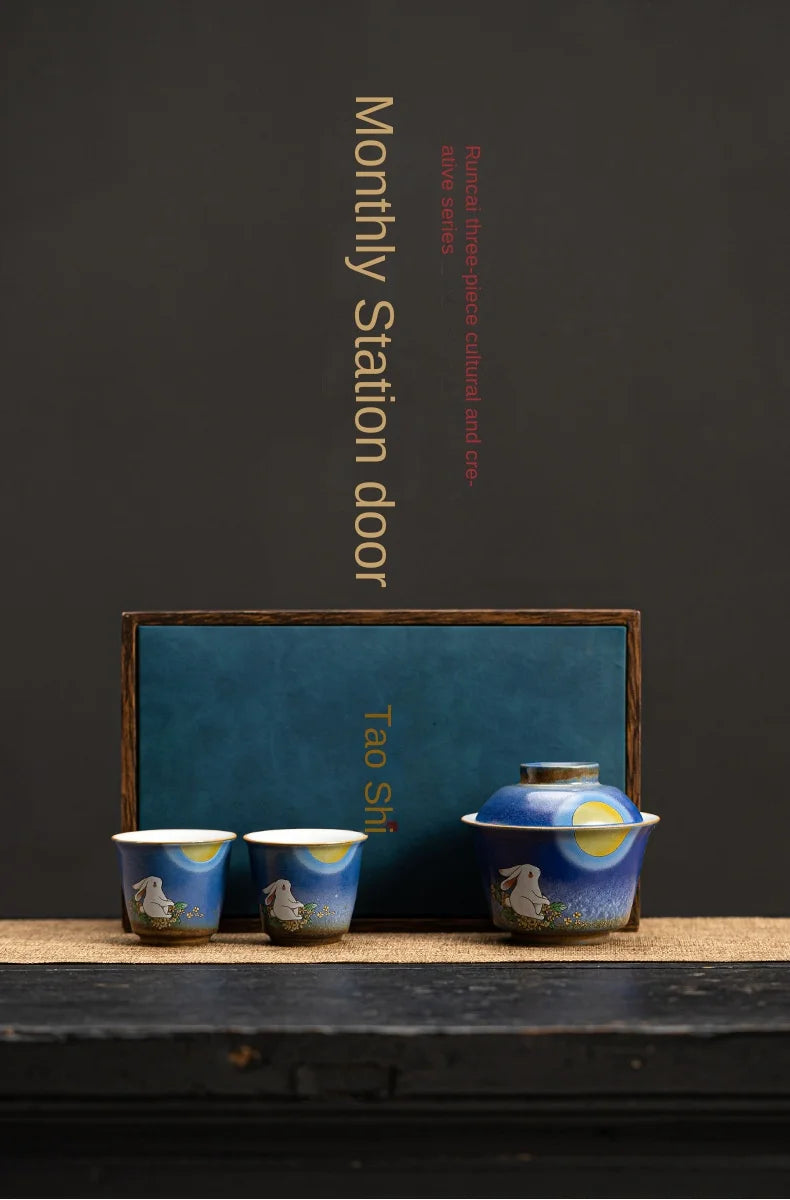 Stone Blue Jade Hare Tureen Quick Cup One Tureen Two Tea Cup Kung Fu Travel Tea Set Mini Set Portable Bag Storage Gaiwan
