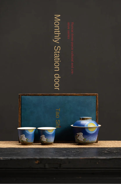 Stone Blue Jade Hare Tureen Quick Cup One Tureen Two Tea Cup Kung Fu Travel Tea Set Mini Set Portable Bag Storage Gaiwan