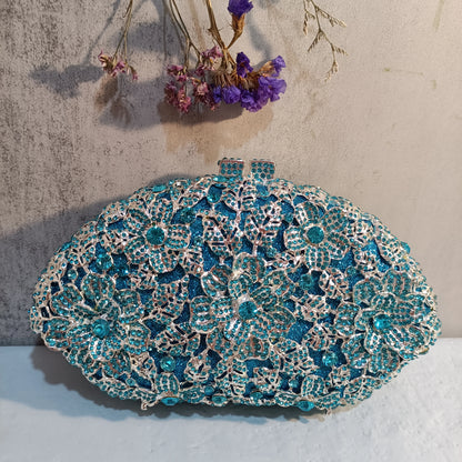 Blue Flower Shinny Crystal Floral Purse Woman Formal Dinner Bling Diamond Gala Evening Bag Wedding Bridal Party Gift Handbag