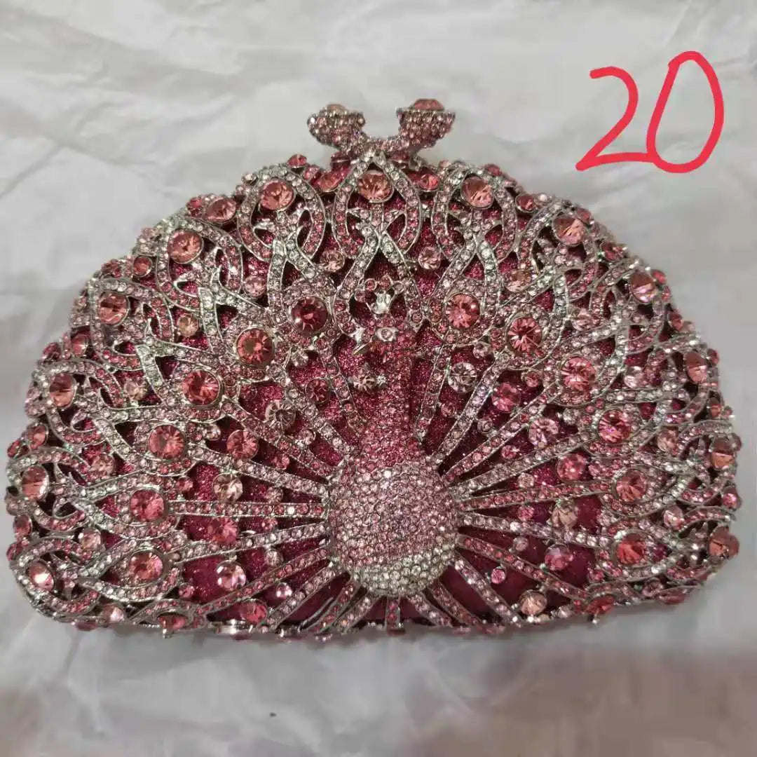 Pink Green Peacock Hollow Out Animal Cocktail Clutch Woman Diamond Evening Purses Wedding Bridal Metal Bag Party Crystal Handbag