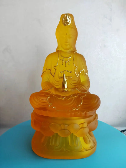 home efficacious Goddess protection Shrine altar shop Worship yellow crystal GUAN YIN PU SA BUDDHA Avalokitesvara statue