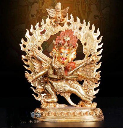 25cm TALL## bless Safety Health Talisman #efficacious Protection Nepal Gold-plated Pourbaix wwarrior attendant Buddha statue