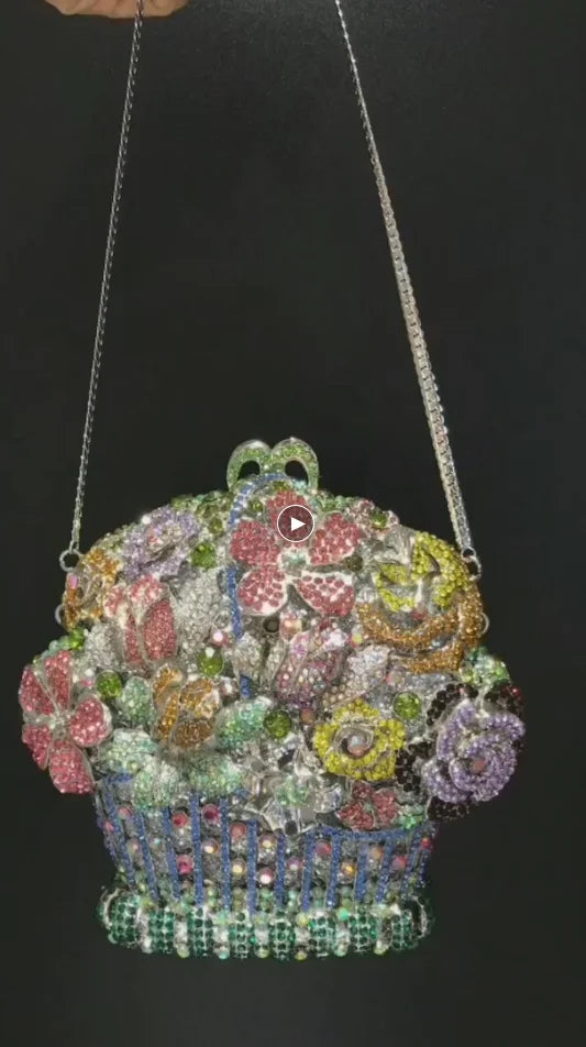 Woman Multicolored Diamond Flower Basket Bag Dinner Party Crystal Floral Elegant Purse Wedding Bridal Banquet Gala Stone Handbag