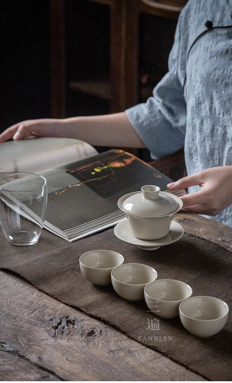 Three Times Grass and Wood Gray Kung Fu Teaware Set Set Ceramic Retro Teapot Tea Cup Gaiwan Pitcher Combination Household