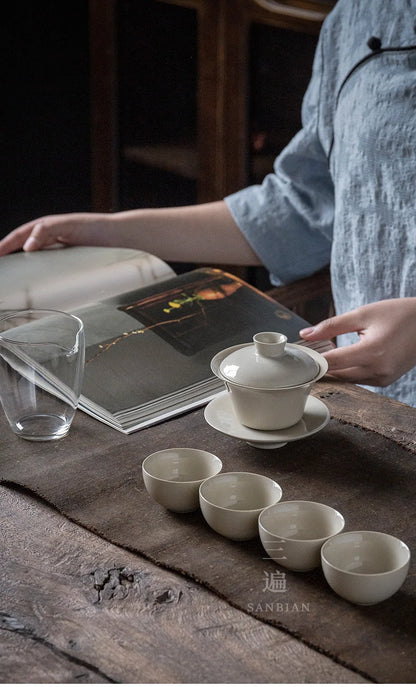 Three Times Grass and Wood Gray Kung Fu Teaware Set Set Ceramic Retro Teapot Tea Cup Gaiwan Pitcher Combination Household