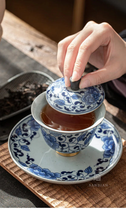 Three Times Jingdezhen Copper Sole Ceramic Blue and White Tureen in Chinese Antique Style Tea Set Gaiwan Tureen Large Tea Cup