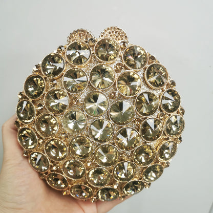 Round Shape Woman Red Pink Gold Diamond Handbag Mini Metal Crystal Banquet Toted Evening Bag Wedding Bridal Party Dinner Purse