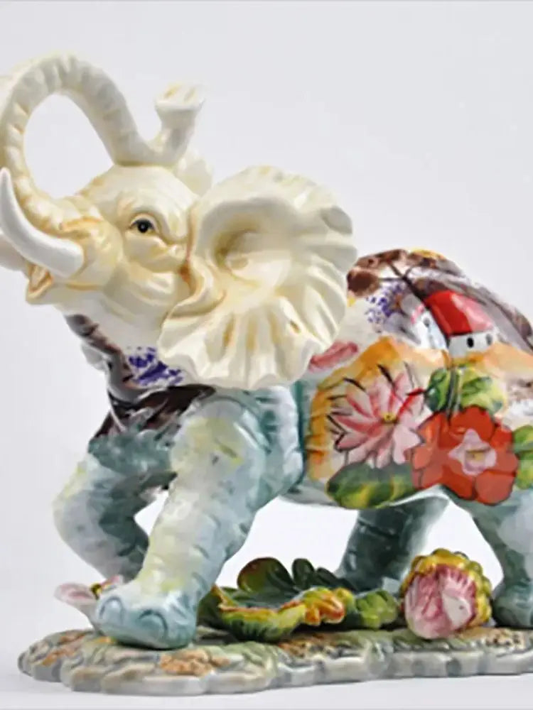 EUROPEAN STYLE HAND PAINTED WATER LILY CERAMIC ELEPHANT CRAFTS HANDICRAFT ORNAMENT PORCELAIN FIGURINES