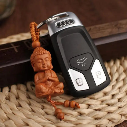 Shakyamuni Peach Wood Keychain, Buddha Main Three-Dimensional Car Pendant, Home Decoration Gift, Mascot, Chinese, Fengshui