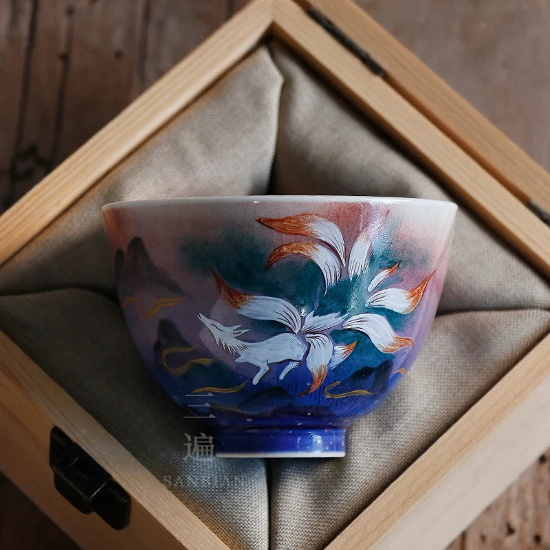Shanhai Sutra Nine-Tailed Fox Hand-Painted Firewood High-End Handmade Tea Cup Kiln Baked Master Cup Jingdezhen Firewood Kiln T