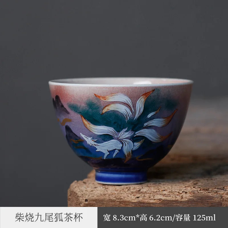 Shanhai Sutra Nine-Tailed Fox Hand-Painted Firewood High-End Handmade Tea Cup Kiln Baked Master Cup Jingdezhen Firewood Kiln T