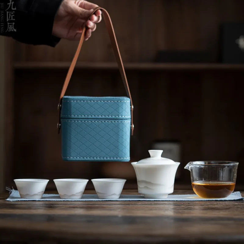 Sheep Fat Jade Porcelain Service Gaiwan Tea Cups Mug of Tea Ceremony Teapot Chinese Portable Leather Bag Kung Fu Travel Tea Set