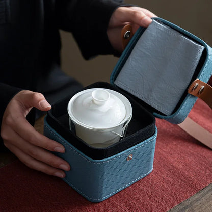 Sheep Fat Jade Porcelain Service Gaiwan Tea Cups Mug of Tea Ceremony Teapot Chinese Portable Leather Bag Kung Fu Travel Tea Set