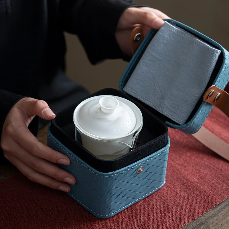 Sheep Fat Jade Porcelain Service Gaiwan Tea Cups Mug of Tea Ceremony Teapot Chinese Portable Leather Bag Kung Fu Travel Tea Set