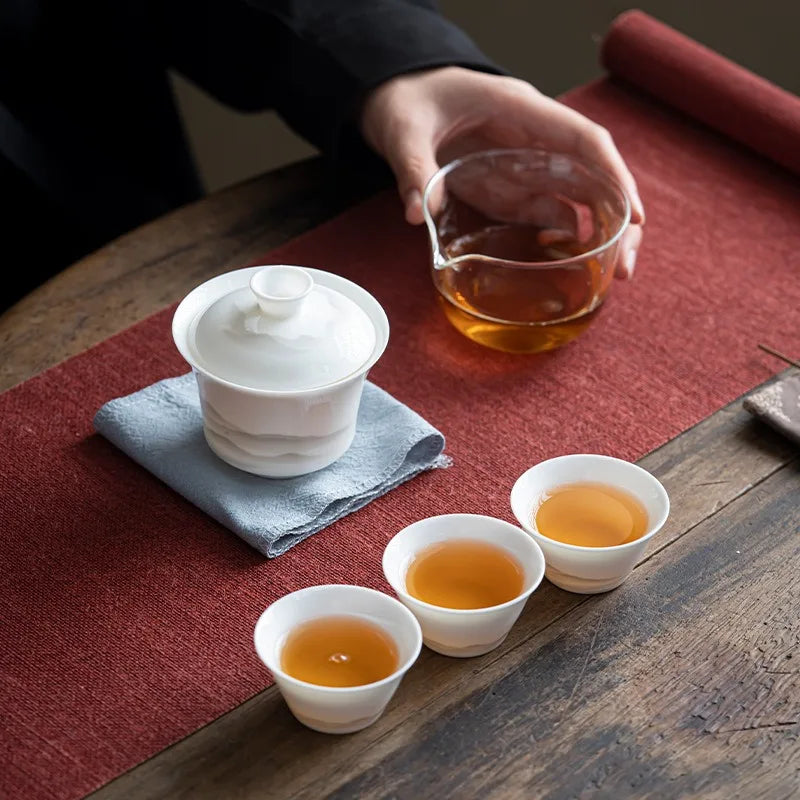 Sheep Fat Jade Porcelain Service Gaiwan Tea Cups Mug of Tea Ceremony Teapot Chinese Portable Leather Bag Kung Fu Travel Tea Set