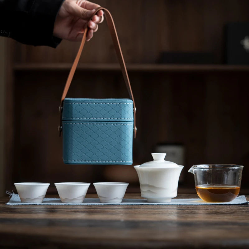 Sheep Fat Jade Porcelain Service Gaiwan Tea Cups Mug of Tea Ceremony Teapot Chinese Portable Leather Bag Kung Fu Travel Tea Set