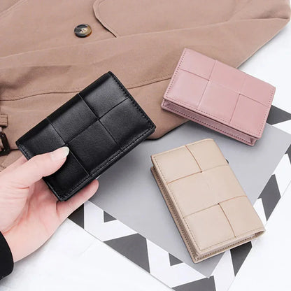 Sheepskin Braided Holder Women Bifold Leather Bank Credit Case Wallets Coin Purse Men Unisex Business Name Card Bag