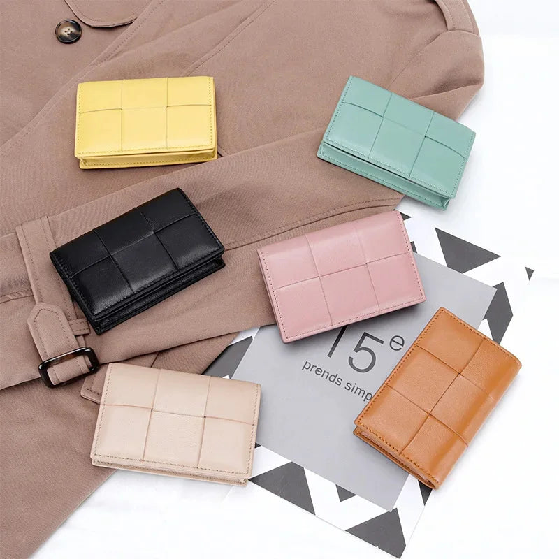 Sheepskin Braided Holder Women Bifold Leather Bank Credit Case Wallets Coin Purse Men Unisex Business Name Card Bag
