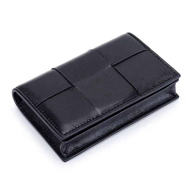 Sheepskin Braided Holder Women Bifold Leather Bank Credit Case Wallets Coin Purse Men Unisex Business Name Card Bag