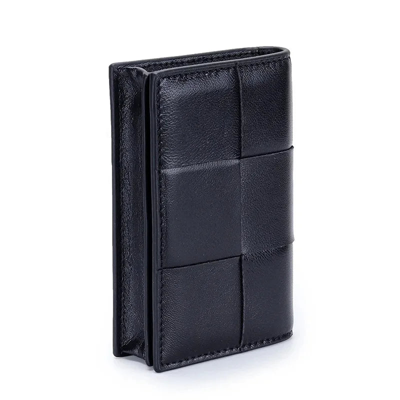 Sheepskin Braided Holder Women Bifold Leather Bank Credit Case Wallets Coin Purse Men Unisex Business Name Card Bag