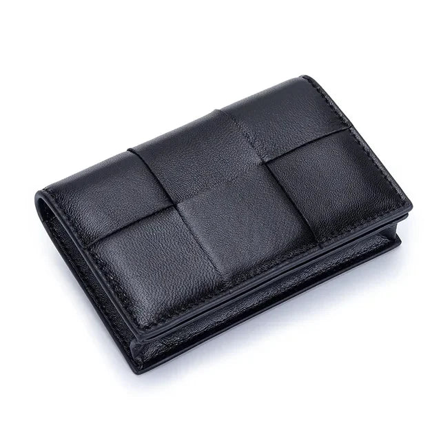 Sheepskin Braided Holder Women Bifold Leather Bank Credit Case Wallets Coin Purse Men Unisex Business Name Card Bag