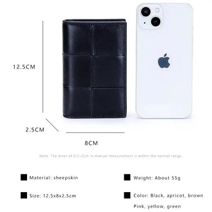 Sheepskin Braided Holder Women Bifold Leather Bank Credit Case Wallets Coin Purse Men Unisex Business Name Card Bag