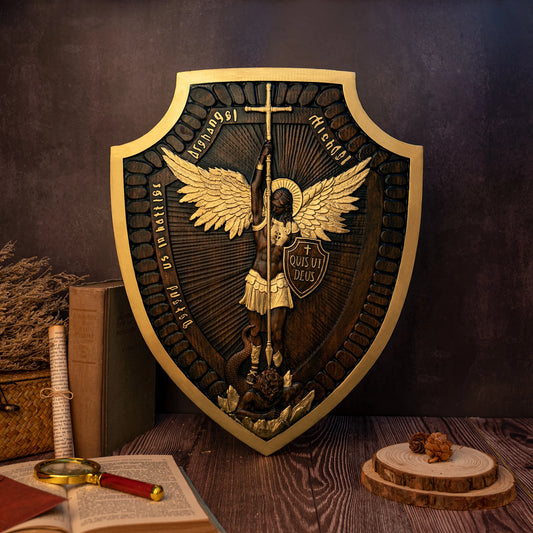 Shield Archangel Michael Family Church Wall Hanging Religious Statue Wood Carving St. Michael Christian Home Decor