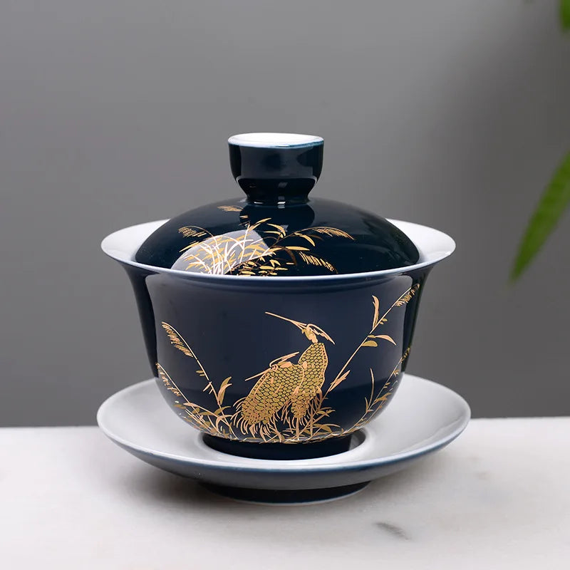 Shiny Blue Tasting Tea Cup Chinese Tea Set Bowl Ceramic Gaiwan Chawan Teacup with Lid Saucer Teaware Easy Travel Hand Grip Pot