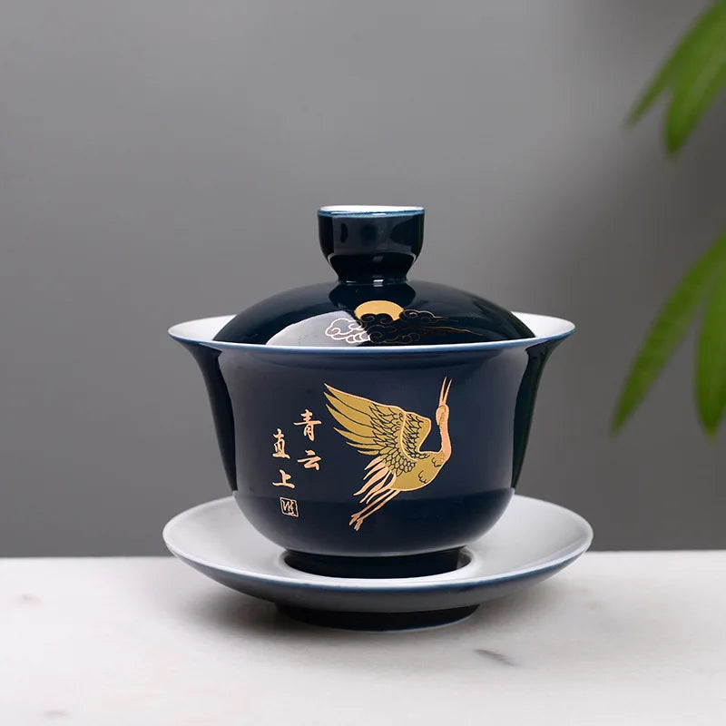 Shiny Blue Tasting Tea Cup Chinese Tea Set Bowl Ceramic Gaiwan Chawan Teacup with Lid Saucer Teaware Easy Travel Hand Grip Pot