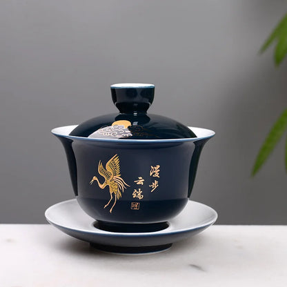 Shiny Blue Tasting Tea Cup Chinese Tea Set Bowl Ceramic Gaiwan Chawan Teacup with Lid Saucer Teaware Easy Travel Hand Grip Pot