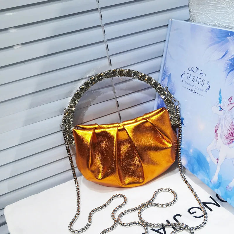 Shiny Crystal Purses Evening Handbag Luxury Designer Rhinestones Pleated Clutch Bag for Women with Zipper Shoulder Bags Party