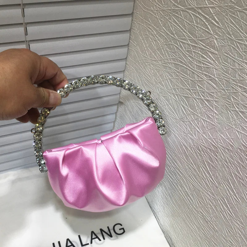 Shiny Crystal Purses Evening Handbag Luxury Designer Rhinestones Pleated Clutch Bag for Women with Zipper Shoulder Bags Party