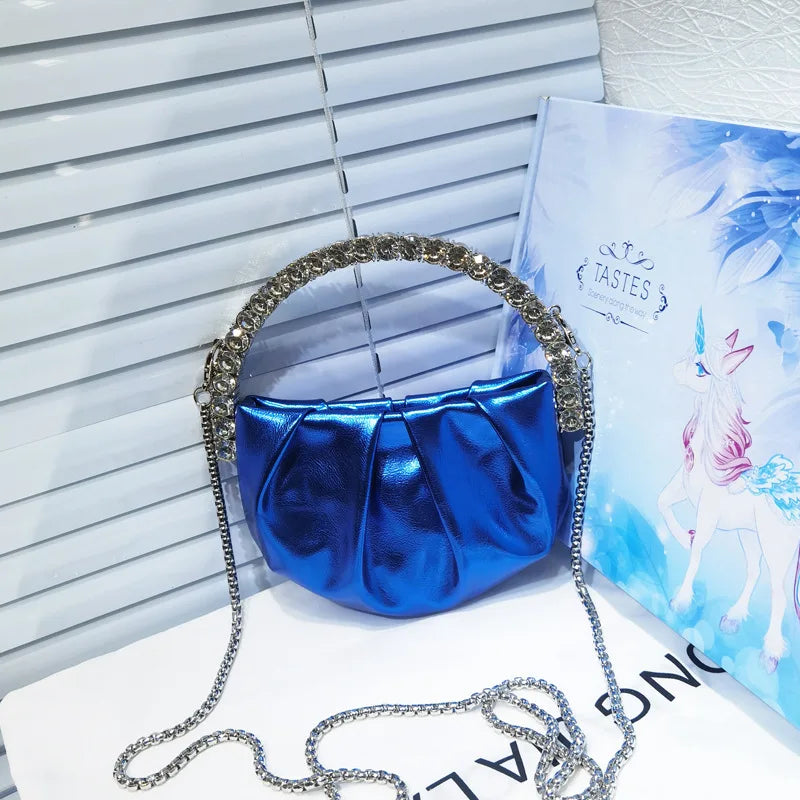 Shiny Crystal Purses Evening Handbag Luxury Designer Rhinestones Pleated Clutch Bag for Women with Zipper Shoulder Bags Party