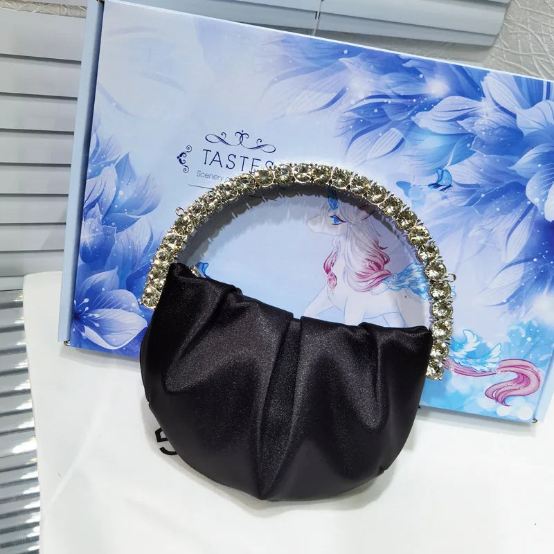 Shiny Crystal Purses Evening Handbag Luxury Designer Rhinestones Pleated Clutch Bag for Women with Zipper Shoulder Bags Party