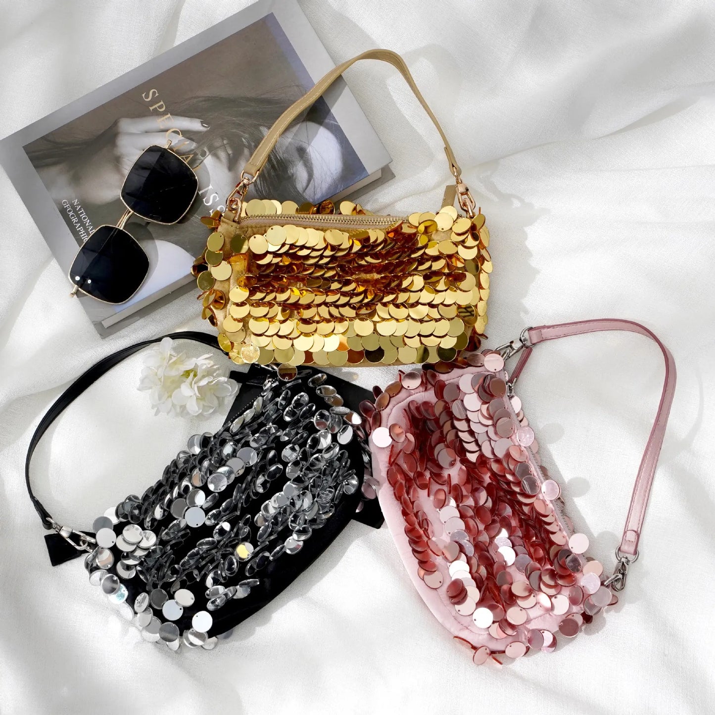 Shiny Sequins Handbags Pink Silver Bag Women Small Tote Bags Bling Fashion Lady Bucket Evening Bags Girls Glitter Purses