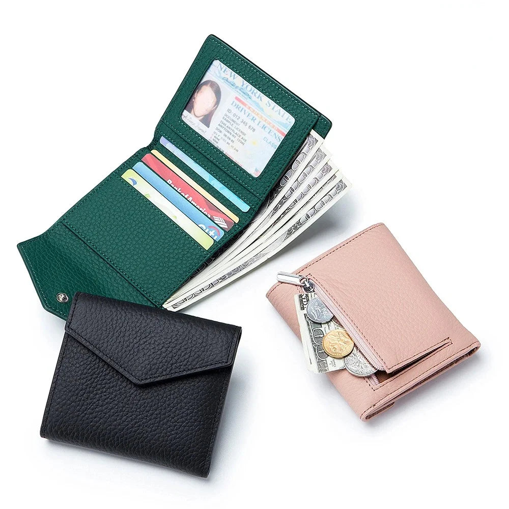 Short Genuine Leather Women's Purse Top Layer Cowhide Multi-card Card Bag RFID Folding Ultrathin Wallet