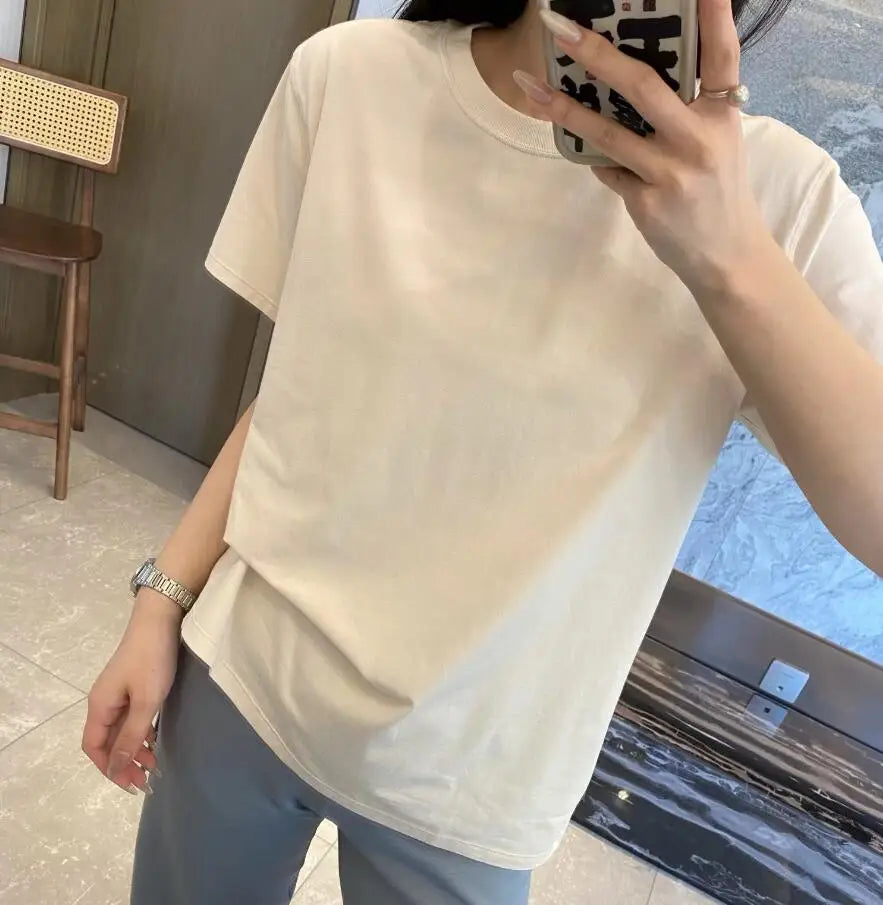 Short sleeved T-shirt Loose shirt solid color top for women O- Neck T-shirt